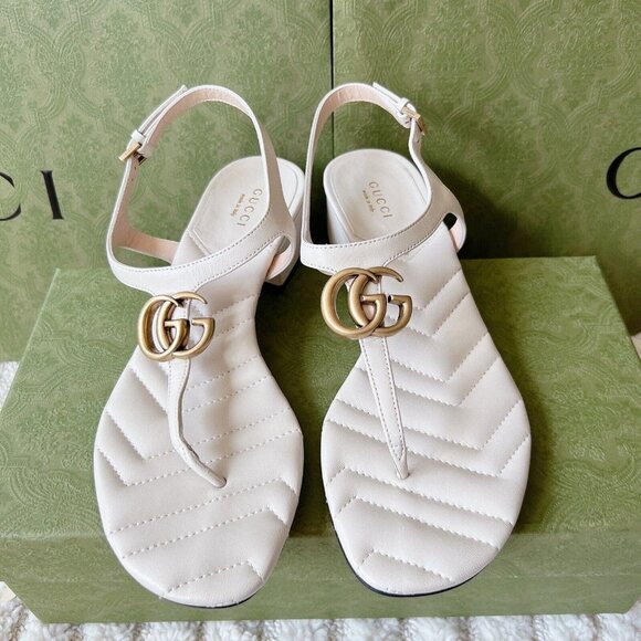 Gucci Marmont Double G Chuck Heel Thong T-Strap Sandal White Leather EU 41 US 11 - Picture 5 of 12